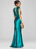 Elegant Feather Trim Satin Halter Mermaid Maxi Dress