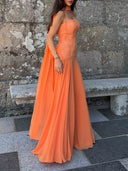 Elegant Lace Bodice Tie-Shoulder Chiffon Maxi Dress