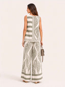 Tropical Leaf Print Sleeveless Two-Piece Wide Leg Set