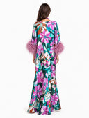 Elegant Floral Print Feather Cuff Satin Maxi Dress