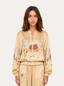 Exquisite Satin Horse Print Zip-Up Shirt
