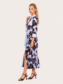 Elegant Floral Print Belted Maxi Shirt Dress
