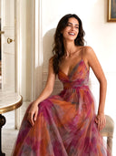 Elegant Painted Floral Print V-Neck A-Line Maxi Dress