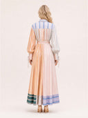 Multicolor Patchwork Stripe Long Sleeve Tie Maxi Shirt Dress