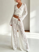 Sexy Lace Wrap Top & Wide-Leg Pants Two-Piece Set