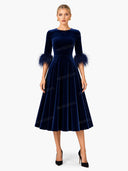 Elegant Velvet Feather Cuff Midi Dress