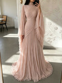 Elegant Pleated High-Neck Cape Sleeve Chiffon Maxi Dress