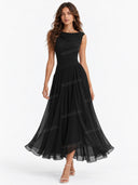 Elegant Pleated Skirt Waist Ruched Midi Dress