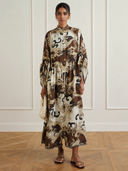 Retro Abstract Print Drawstring Long Sleeve Maxi Dress