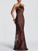 Elegant Lace-Trim Halter Satin Maxi Dress