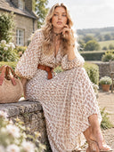 Unique Pattern Print V-Neck Simple Belt Midi Dress