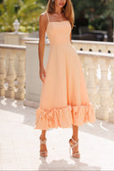 Elegant Spaghetti Strap Bubble Hem Midi Dress