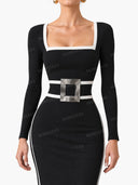 Elegant Black And White Trim Square Neck Long Sleeve Tight Maxi Dress