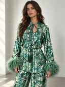 Exquisite Watercolor Print Feather Cuff Tie Shirt & Wide-Leg Pants Two-Piece Set