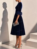 Elegant Velvet Feather Cuff Midi Dress