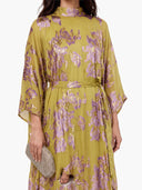 Elegant High Neck Flocked Floral Tie-Waist Kaftan Dress