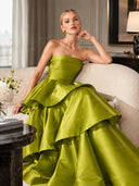 Elegant Strapless Tiered Ruffle Satin Maxi Dress