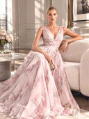 Elegant V-Neck Floral Print Tulle Maxi Dress