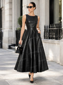 Elegant Sleeveless Leather-Look Midi Dress