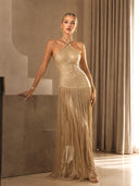 Elegant Backless Knitted Tassel Maxi Dress