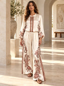 Retro Floral Print Satin Blouse & Wide-Leg Pants Two-Piece Set