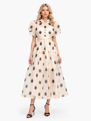 Elegant Polka Dot Organza Puff Sleeve Midi Dress