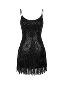 Sexy Sequin Fringe Trim Cowl Neck Mini Dress