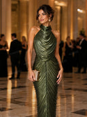 Elegant Metallic Halter Neck Ruched Maxi Dress
