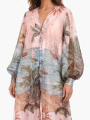 Retro Tropical Ship Print Sheer Chiffon Blouse
