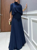 Elegant High Neck Pleated Cape Sleeve Maxi Dress