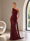 Elegant Satin Asymmetric One Shoulder Maxi Dress