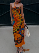 Printed Halter Ruched Tassel Dress