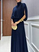 Elegant High Neck Pleated Cape Sleeve Maxi Dress