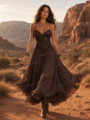 Sexy Lace V-Neck Ruffled Flowy Midi Dress