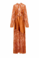 Sexy Lace-Trim Satin Long-Sleeve Maxi Dress
