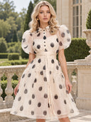 Elegant Polka Dot Organza Puff Sleeve Midi Dress