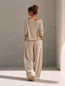 Casual Relaxed Boat Neck Knit Top & Drawstring Wide Leg Pants Set