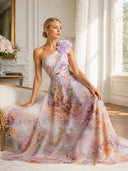 Elegant One-Shoulder Floral Print Chiffon Maxi Dress