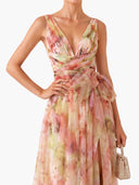 Elegant Abstract Print V-Neck Tie-Waist Maxi Dress