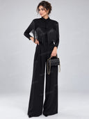 Lace Texture Fringe Cape Top Bodysuit & Pants Three Piece Set