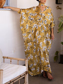 Elegant Floral Print Draped Kaftan Maxi Dress