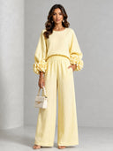 Elegant Floral Long-Sleeve Top and Wide-Leg Pants Two-Piece Set
