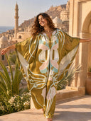 Elegant Floral Print Batwing Sleeve Satin Kaftan Maxi Dress