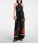 Exquisite Open Back Paulownia Palm Print Satin Two Piece Suit