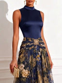 Elegant High Neck Satin Floral Chiffon Maxi Dress