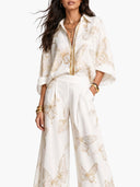 Elegant Butterfly Print Zip-Up Top & Wide Leg Pants Set