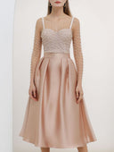 Elegant Pearl Mesh Top & Satin Midi Skirt Set