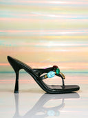 Colorful Gemstone Beaded Square-Toe Stiletto Heeled Sandals