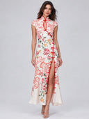 Elegant Floral Print Mandarin Collar Cheongsam Maxi Dress