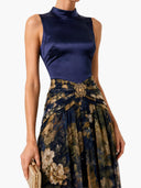 Elegant High Neck Satin Floral Chiffon Maxi Dress